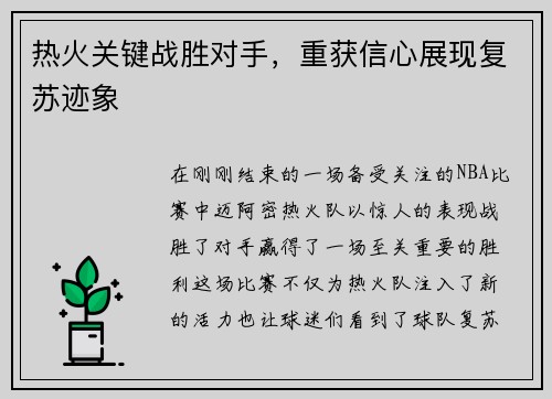 热火关键战胜对手，重获信心展现复苏迹象