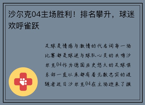 沙尔克04主场胜利！排名攀升，球迷欢呼雀跃