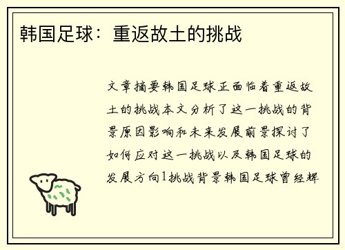 韩国足球：重返故土的挑战
